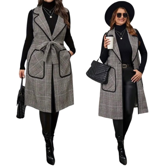 New Plus Plaid Pocket Contrasting Border Long Pants Sleeveless Vest Jacket NWT - Picture 1 of 16